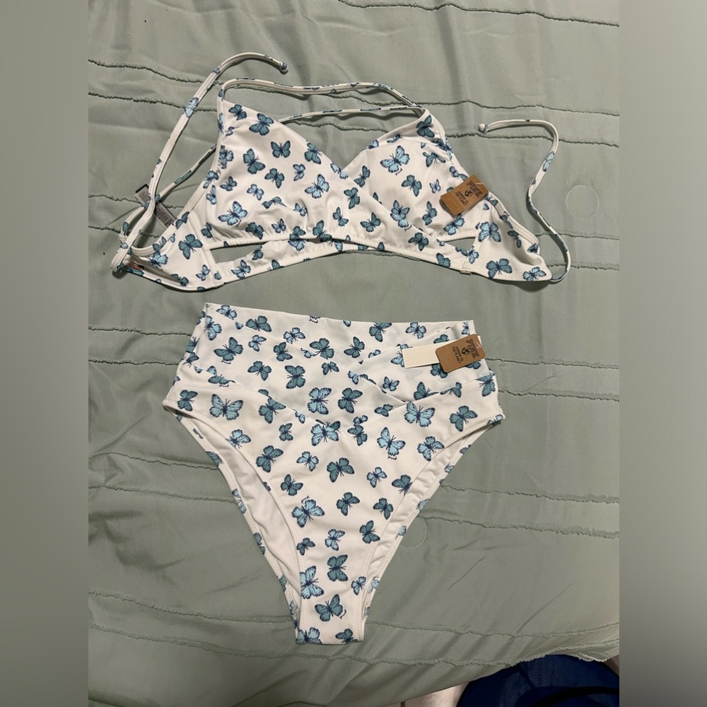 NWT - VICTORIAS SECRET PINK blue & white butterfly highwaist bikini swim - sz M